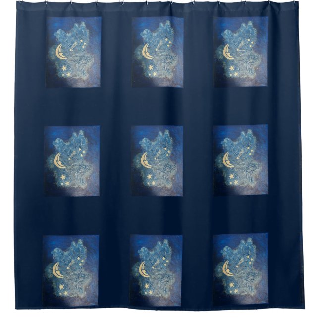 Crescent Moon and Stars on Blue Shower Curtain (Front)