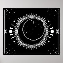 Crescent Moon and Sun with Stars Black and White