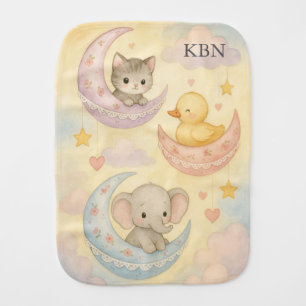 Crescent Moon Baby Animals Stars Monogrammed Baby Burp Cloth