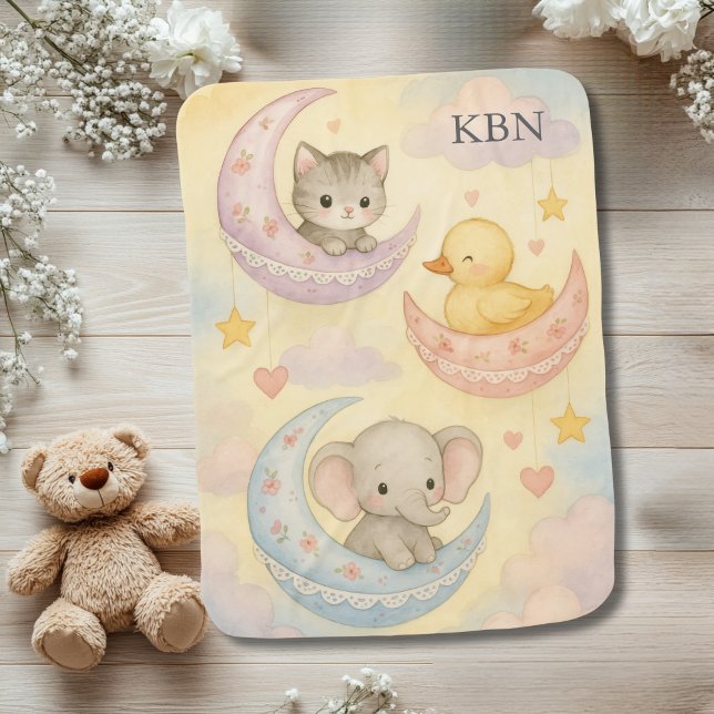 Crescent Moon Baby Animals Stars Monogrammed Blanket (Crescent Moon baby girl baby blanket. Monogram her Initials. Baby Animals, pink, yellow, blue purple)
