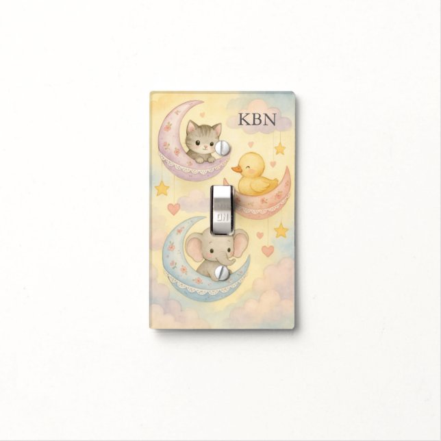 Crescent Moon Baby Animals Stars Monogrammed Light Switch Cover (In Situ)