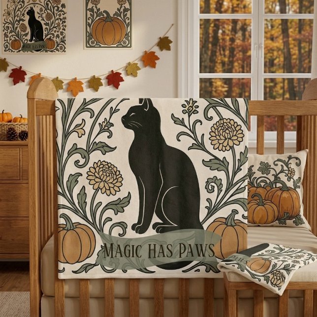 Crescent Moon Black Cat Botanical | Magic Has Paws Fleece Blanket (Crescent Moon Black Cat Botanical | Magic Has Paws Fleece Blanket)