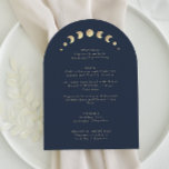 Crescent Moon Blue Arch Wedding Menu Card<br><div class="desc">Transform your dining experience with the "Crescent Moon Blue Arch Wedding Menu Card, " set against a dark blue backdrop. The golden celestial elements, accompanied by the stylishly simple customizable initials, bring a touch of magic to your table settings. Moon phases delicately integrated into the design elevate the dining experience,...</div>