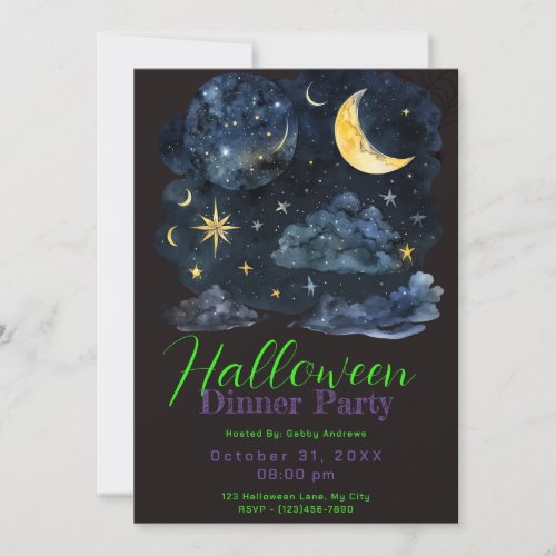Crescent Moon Blue Clouds Halloween Dinner Party Invitation