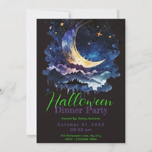 Crescent Moon Blue Clouds Halloween Dinner Party Invitation