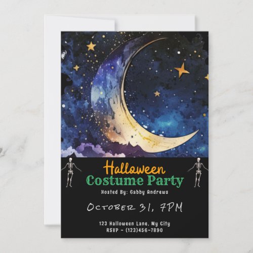 Crescent Moon Blue Sky and Stars Black Halloween Invitation