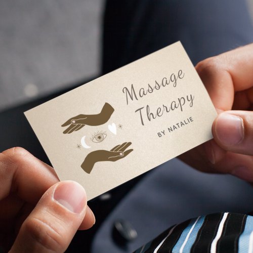 Crescent Moon  Boho Hands Massage Therapist Brown Business Card