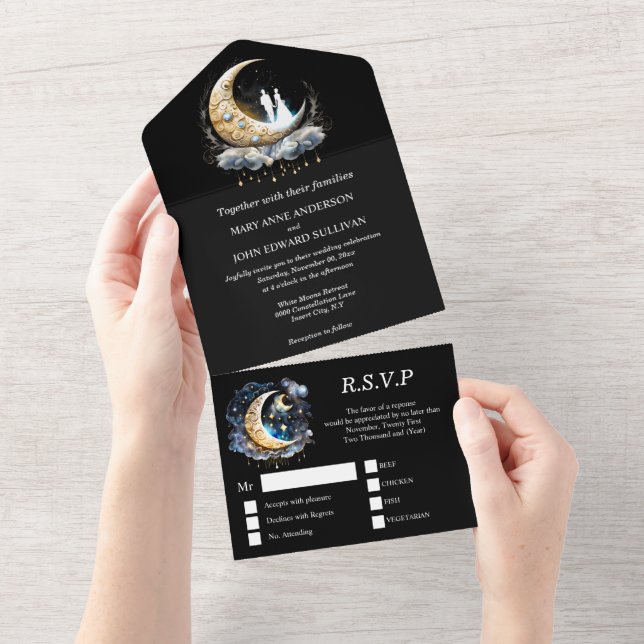 Crescent moon bridal couple silhouette celestial  all in one invitation (Tearaway)