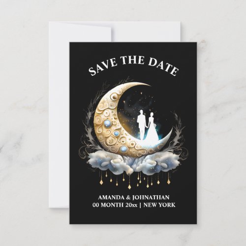Crescent moon bridal couple silhouette celestical  save the date