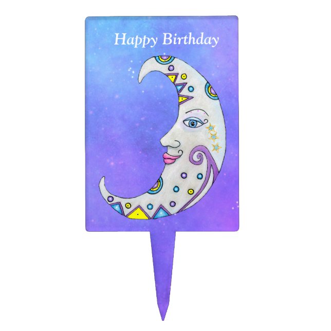 Crescent Moon Bright Colors Face Purple Sky Cake Topper (Front)