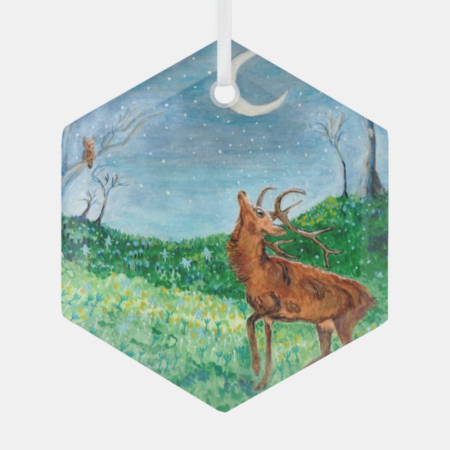 Crescent Moon Buck Glass Ornament (Front)