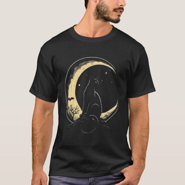 Crescent Moon Cat Kitten Astronomy Creepy Night T-Shirt (Front)
