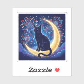 Crescent Moon Cat Patriotic Fireworks 4th of July Sticker