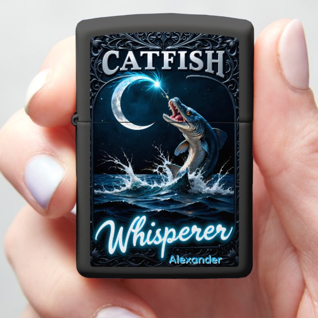 Crescent Moon Catfish Personalized Night Zippo Lighter (In Hand)