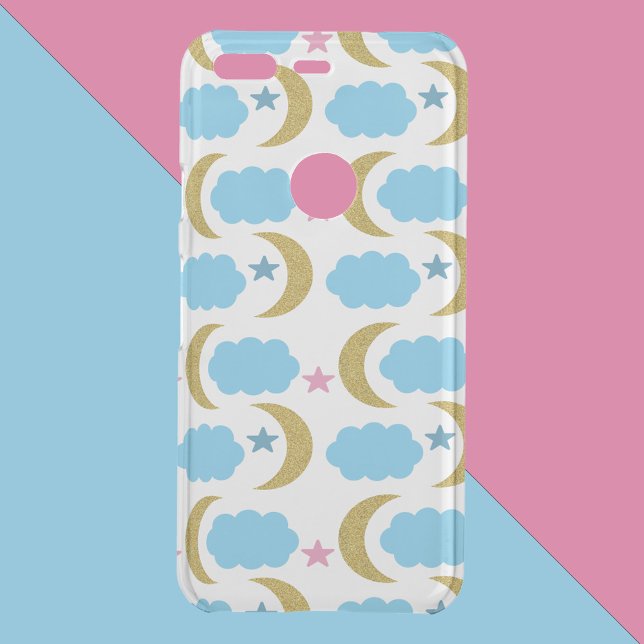 Crescent Moon Cloud Stars Faux Glitter Blue Pink Uncommon Google Pixel Case (A phone with a pattern of gold moons, blue clouds and pink stars.)