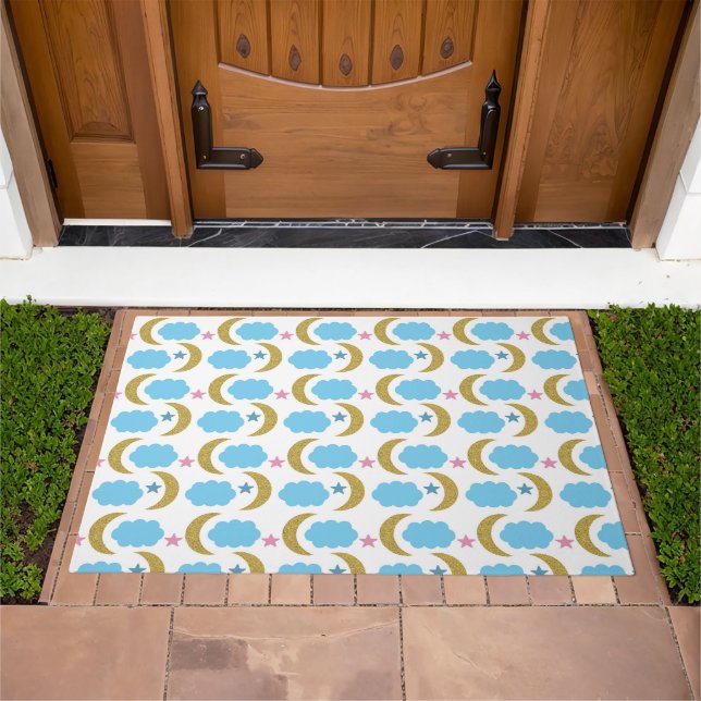 Crescent Moon Clouds Stars Faux Gold Glitter Blue  Doormat (Outdoor)