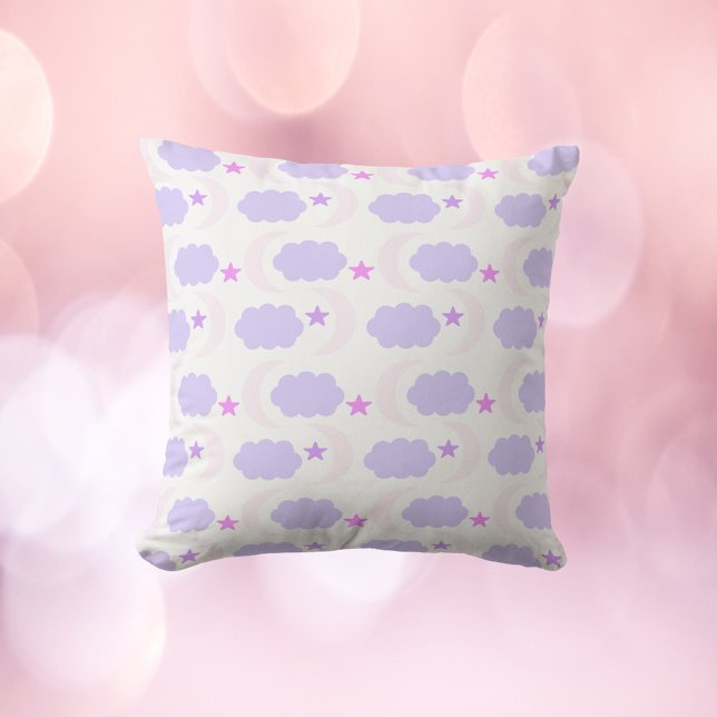 Crescent Moon Clouds Stars Pattern Pink Purple Throw Pillow (A throw pillow with a pink and purple pattern of moons, clouds and stars)