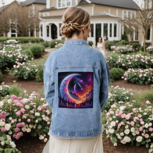 Crescent Moon Colorful night sky Wolf Howl Denim Jacket