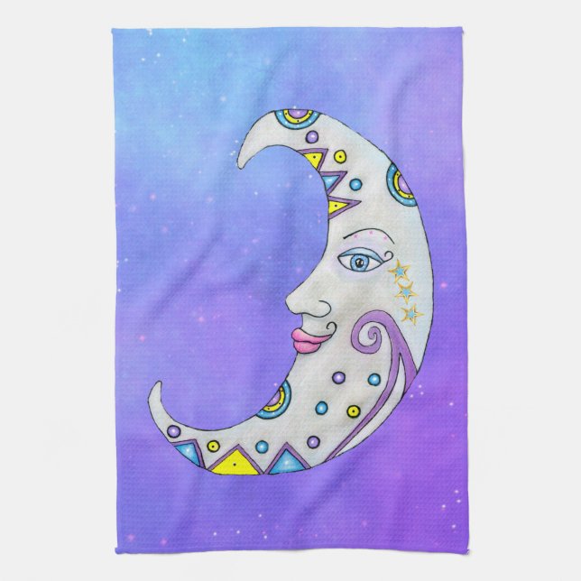 Crescent Moon Colorful Shapes Pretty Face Purple Kitchen Towel (Vertical)