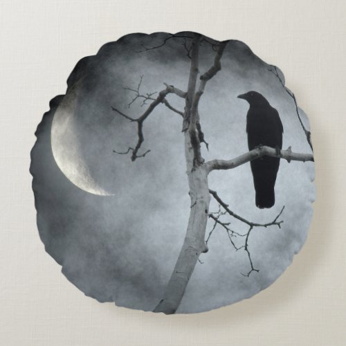 Crescent Moon Crow Round Pillow