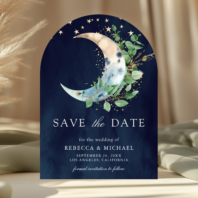 Crescent Moon Eucalyptus Arch Navy Photo Wedding Save The Date (Front )