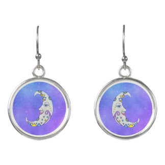 Crescent Moon Face Abstract Markings Yellow Stars Earrings