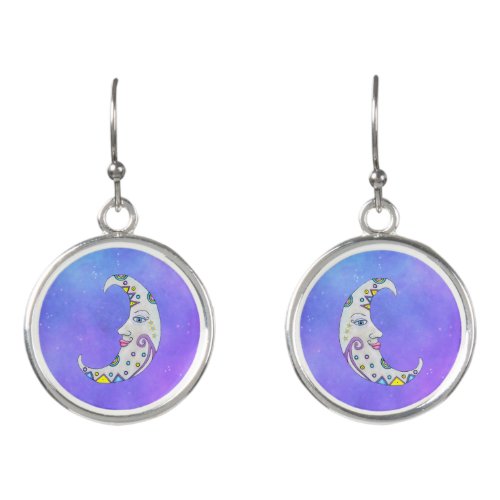 Crescent Moon Face Abstract Markings Yellow Stars Earrings