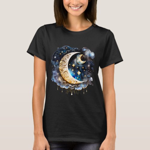 Crescent moon fantasy stars 3D blue gold chic T_Shirt