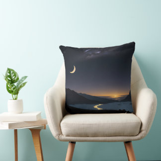 crescent moon floating in the night sky throw pillow