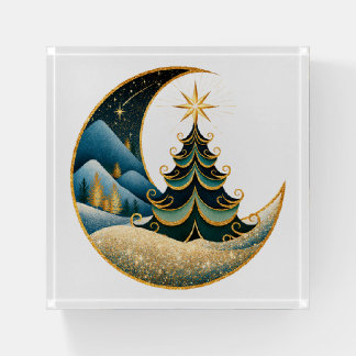 Crescent Moon Gold Winter Christmas Wonderland Paperweight