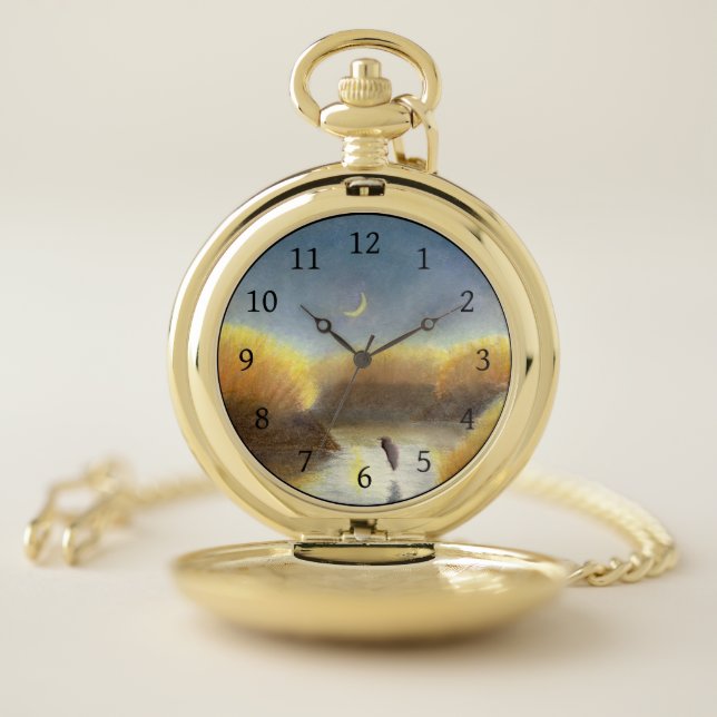 Crescent Moon Great Blue Heron  Marsh Pocket Watch (Inside)