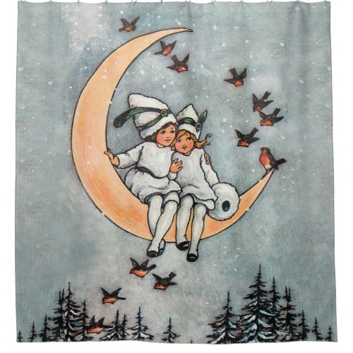 Crescent Moon Kids Snowy Vintage Christmas  Shower Curtain