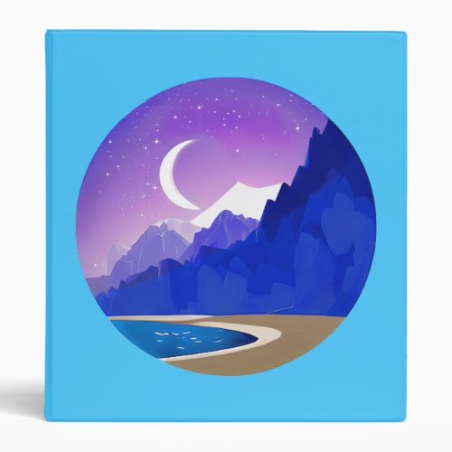 Crescent Moon Lake and Mountains in Violet  Blue 3 Ring Binder