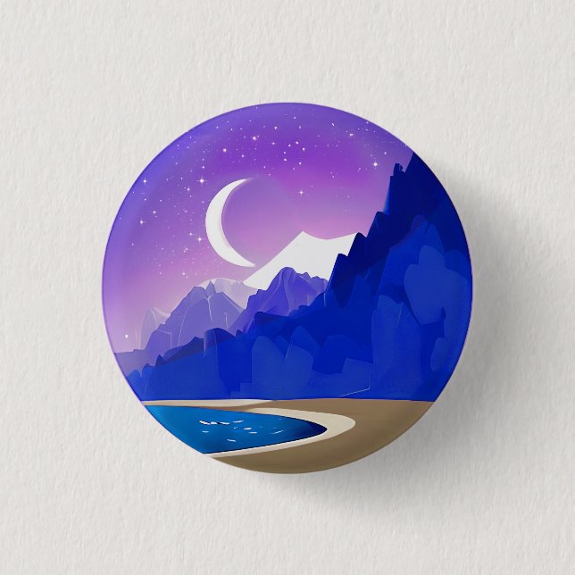 Crescent Moon, Lake and Mountains in Violet & Blue Button (Front)