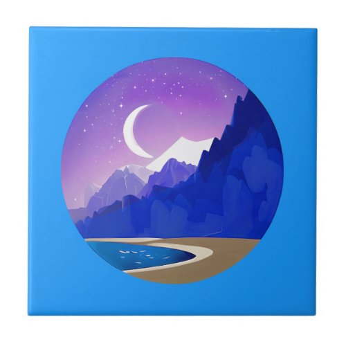 Crescent Moon Lake and Mountains in Violet  Blue Ceramic Tile
