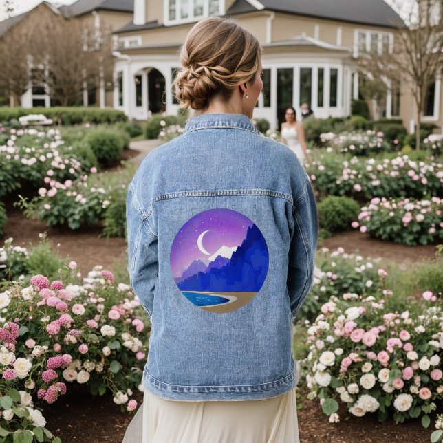 Crescent Moon, Lake and Mountains in Violet & Blue Denim Jacket (Wedding Back)