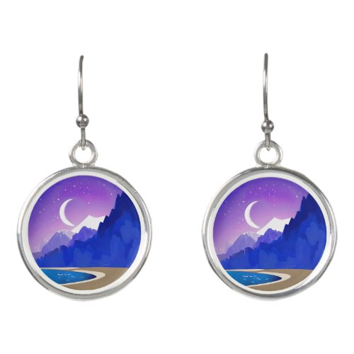 Crescent Moon Lake and Mountains in Violet  Blue Earrings