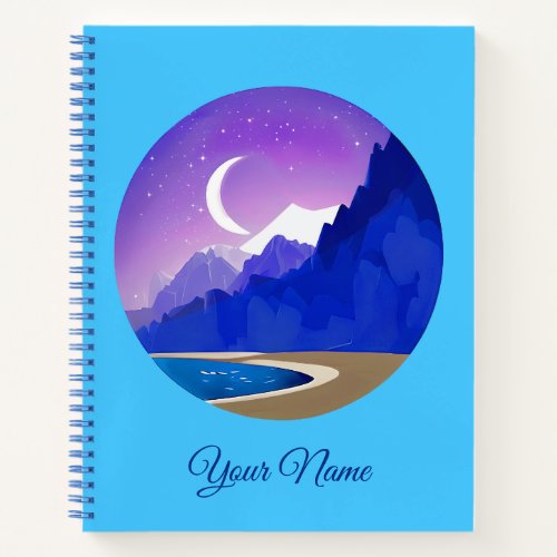 Crescent Moon Lake and Mountains in Violet  Blue Notebook