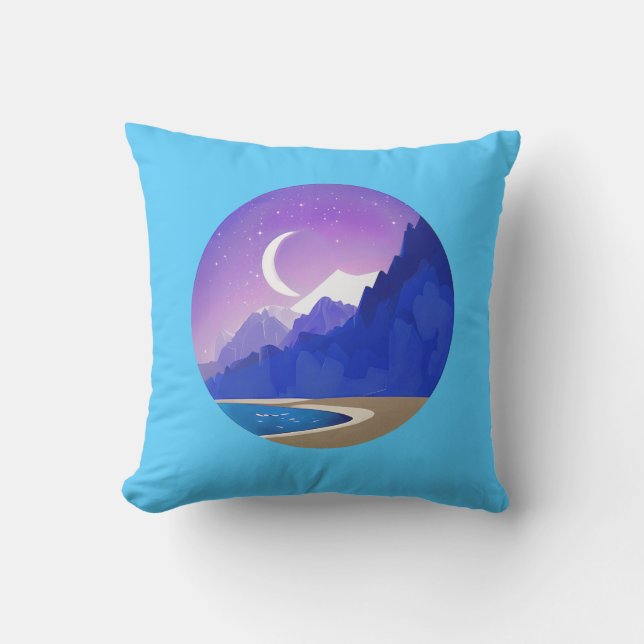 Crescent Moon, Lake and Mountains in Violet & Blue Outdoor Pillow (Front)