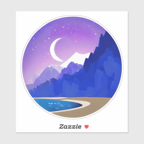 Crescent Moon Lake and Mountains in Violet  Blue Sticker