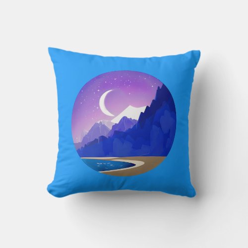 Crescent Moon Lake and Mountains in Violet  Blue Throw Pillow