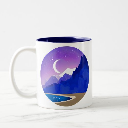 Crescent Moon Lake and Mountains in Violet  Blue Two_Tone Coffee Mug