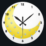 Crescent Moon Large Clock<br><div class="desc">Cute clock for a child's room. Yellow crescent moon with pastel blue stars</div>