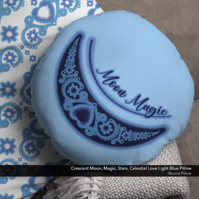 Crescent Moon Magic Stars Celestial Light Blue Round Pillow (Crescent Moon, Magic, Stars, Celestial Love Light Blue Round Pillow)