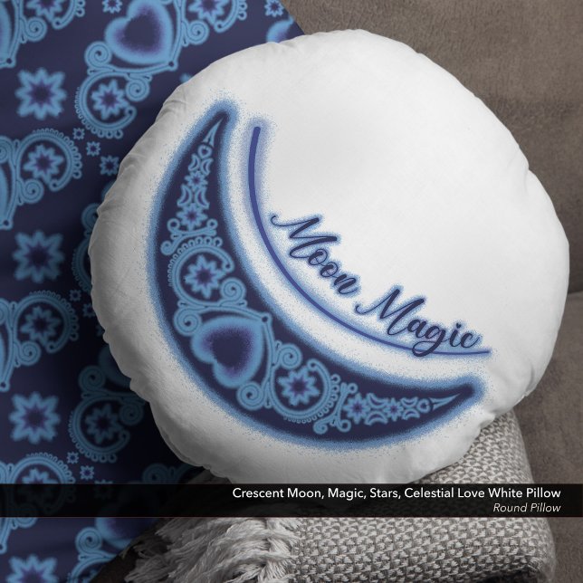 Crescent Moon Magic Stars Celestial White Round Pillow (Crescent Moon Magic Stars Celestial Love White Round Pillow)