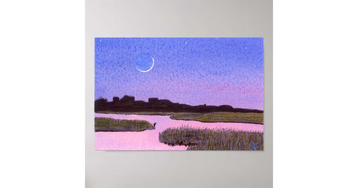 Crescent Moon Marsh & Heron Poster | Zazzle
