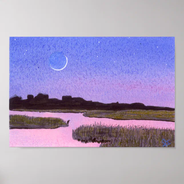 Crescent Moon Marsh & Heron Poster | Zazzle