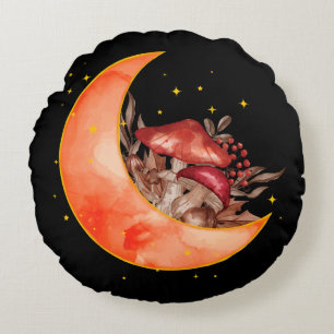 Crescent Moon Mushroom Cottagecore Fungi Mycology Round Pillow