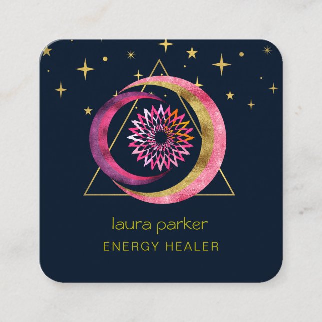 Crescent Moon Mystic Lotus Boho Cosmic Sky Square Business Card (Front)