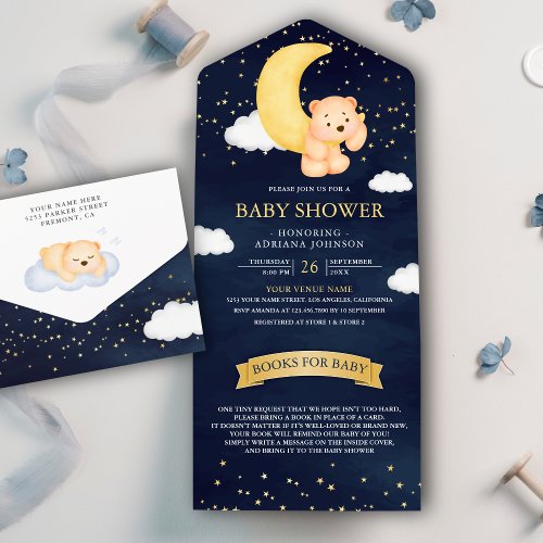Crescent Moon Navy Blue Teddy Bear Baby Shower All In One Invitation
